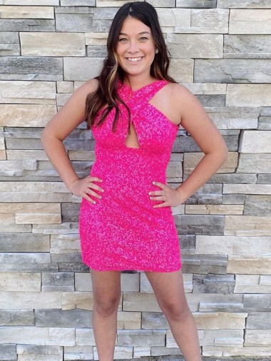 Fucsia Cubierta Halter Corto Lentejuelas Terciopelo Corto Vestidos de fiesta