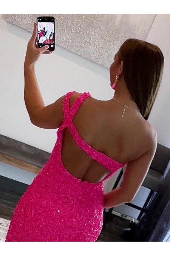 Fucsia Cubierta Un Hombre Corto Lentejuelas Terciopelo Corto Vestidos de fiesta