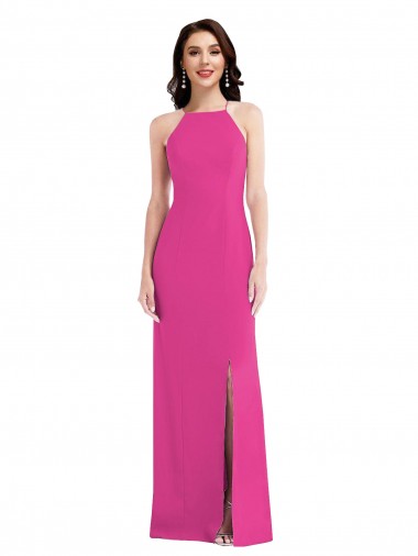 Fucsia Trompeta Halter Cuello Alto Crepé Elástico Largo Formales Vestidos de dama de honor / Vestidos de fiesta