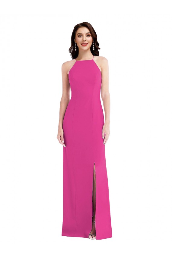 Fucsia Trompeta Halter Cuello Alto Crepé Elástico Largo Formales Vestidos de dama de honor / Vestidos de fiesta