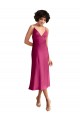 Fucsia línea A Cuello en V Midi Satén elástico Corto Formales Vestidos de dama de honor / Vestidos de fiesta / Vestidos de cóctel