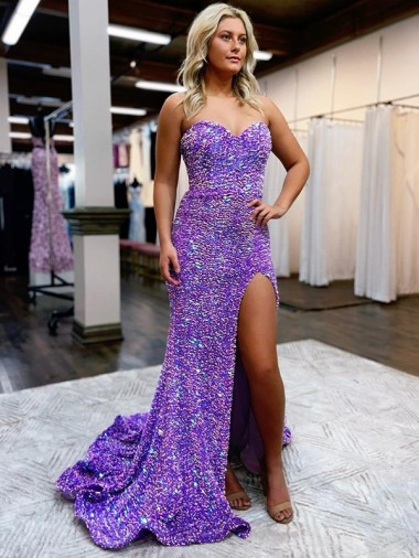 Lavanda línea A Cuello de Corazón Cola corte Lentejuelas Terciopelo Largo Vestidos de fiesta