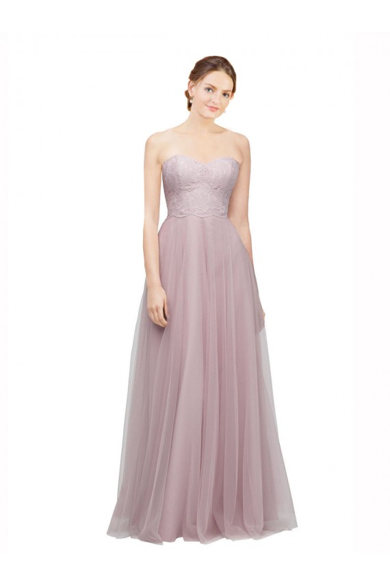 Light Lilac línea A Cuello de Corazón Tul Encaje Largo Vestidos de dama de honor