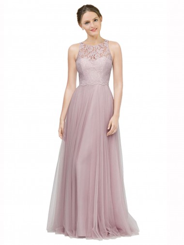 Light Lilac línea A Cuello de Corazón Tul Encaje Largo Vestidos de dama de honor
