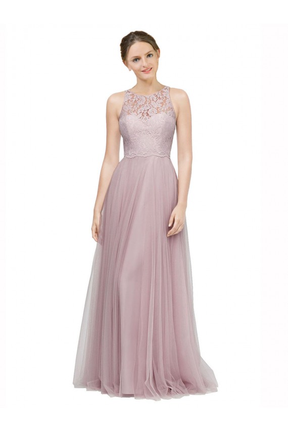 Light Lilac línea A Cuello de Corazón Tul Encaje Largo Vestidos de dama de honor