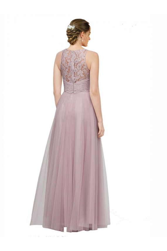 Light Lilac línea A Cuello de Corazón Tul Encaje Largo Vestidos de dama de honor