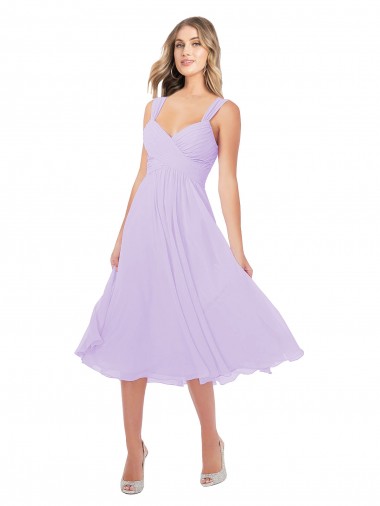 Lila línea A Cuello de Corazón Midi Gasa Corto Asimétrico Vestidos de dama de honor / Vestidos de cóctel / Vestidos para homecoming