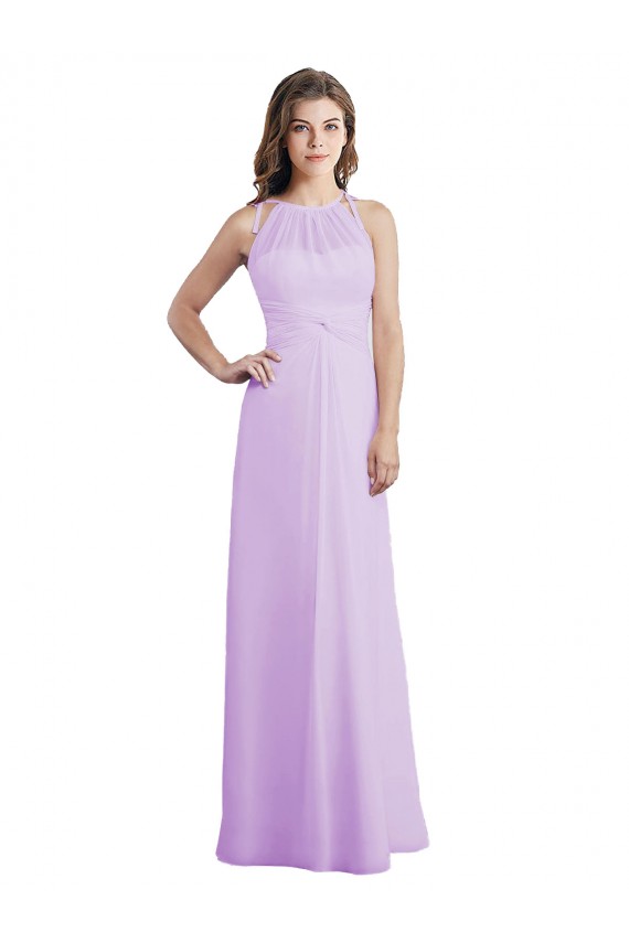 Lila línea A Halter Cuello de Corazón Gasa Largo Vestidos de dama de honor