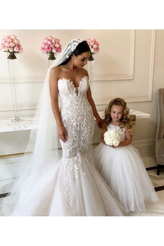 Marfil Barco Cola capilla Tul Encaje Largo vestidos de niña de las flores