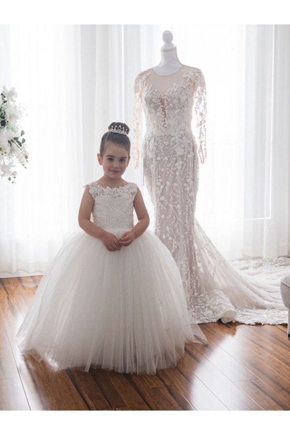 Marfil Barco Cola capilla Tul Encaje Largo vestidos de niña de las flores