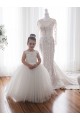 Marfil Barco Cola capilla Tul Encaje Largo vestidos de niña de las flores