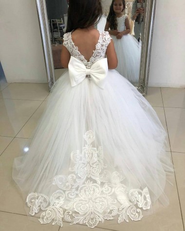Marfil Barco Cola capilla Tul Encaje Largo vestidos de niña de las flores