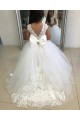 Marfil Barco Cola capilla Tul Encaje Largo vestidos de niña de las flores