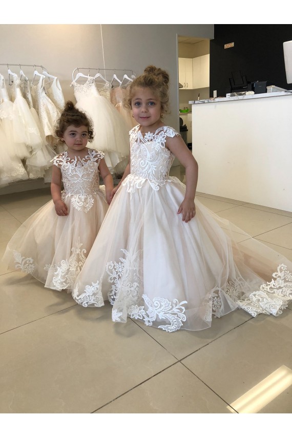 Marfil Barco Cola capilla Tul Encaje Largo vestidos de niña de las flores