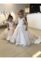Marfil Barco Cola capilla Tul Encaje Largo vestidos de niña de las flores