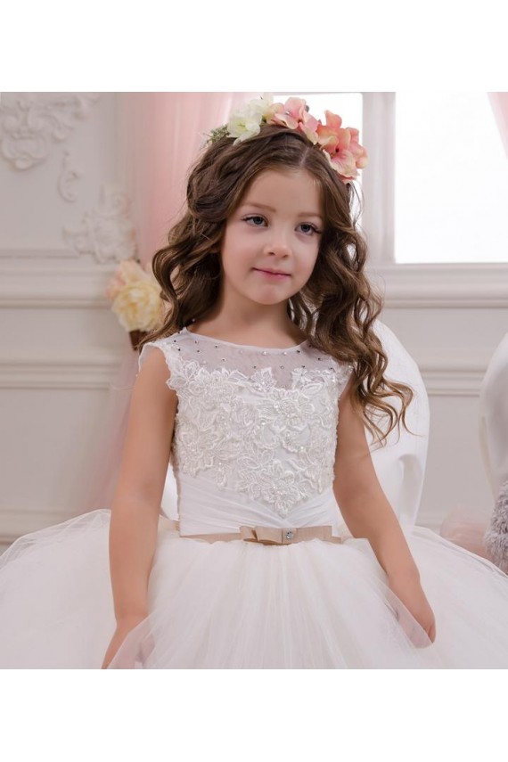 Marfil Barco Cola capilla Tul Encaje Largo vestidos de niña de las flores