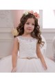 Marfil Barco Cola capilla Tul Encaje Largo vestidos de niña de las flores