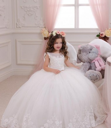 Marfil Barco Cola capilla Tul Encaje Largo vestidos de niña de las flores