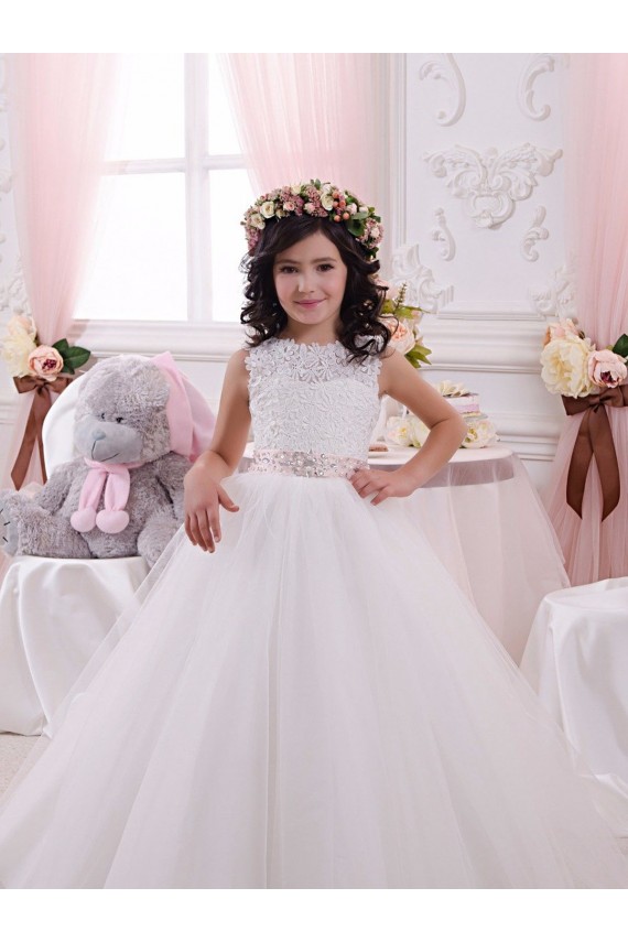 Marfil Barco Cola capilla Tul Encaje Largo vestidos de niña de las flores