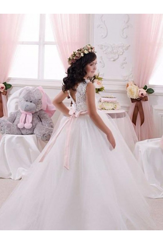 Marfil Barco Cola capilla Tul Encaje Largo vestidos de niña de las flores