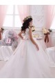 Marfil Barco Cola capilla Tul Encaje Largo vestidos de niña de las flores