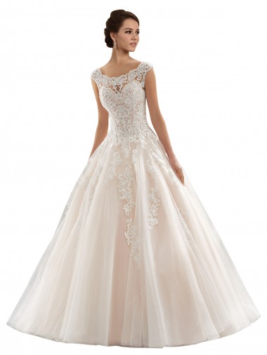 Marfil & Champán Barco Cola capilla Tul Encaje Vestidos de novia
