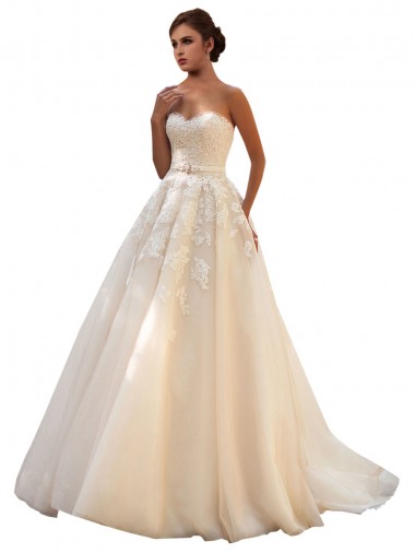 Marfil & Champán Cuello de Corazón Cola capilla Tul Encaje Vestidos de novia