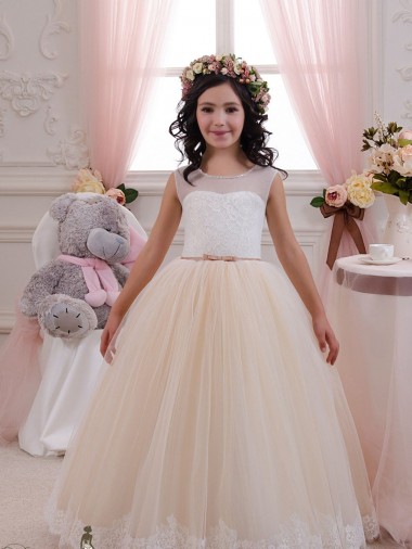 Marfil & Champán Cuello de Corazón Tul Encaje Largo vestidos de niña de las flores