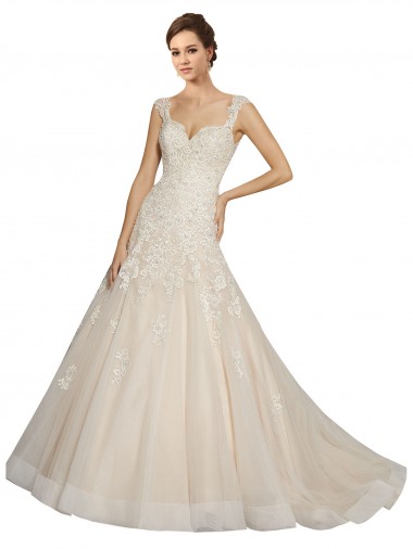 Marfil & Champán Sirena Cuello de Corazón Cola capilla Tul Encaje Vestidos de novia