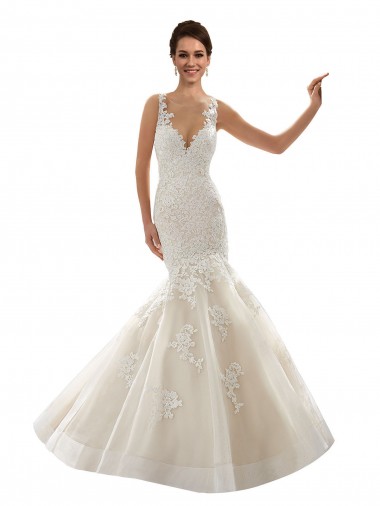 Marfil & Champán Sirena Cuello en V Cola capilla Tul Encaje Clásico Vestidos de novia