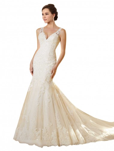 Marfil & Champán Sirena Cuello en V Cola capilla Tul Encaje Vestidos de novia