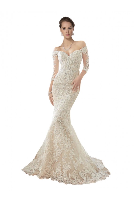 Marfil & Champán Sirena Hombros Descubiertos Cola capilla Tul Encaje Vestidos de novia