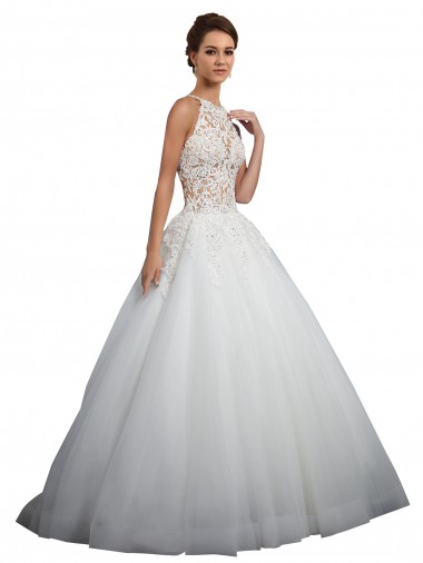 Marfil Cuello Alto Cola capilla Tul Encaje Vestidos de novia
