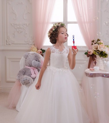 Marfil Cuello Alto Tul Encaje Largo vestidos de niña de las flores