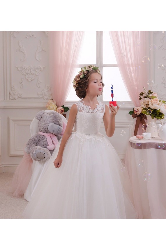 Marfil Cuello Alto Tul Encaje Largo vestidos de niña de las flores