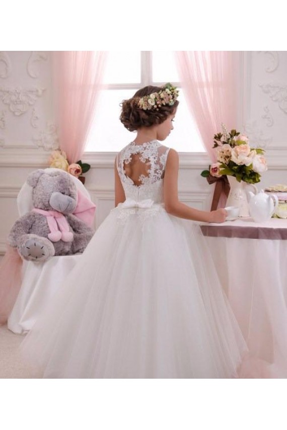 Marfil Cuello Alto Tul Encaje Largo vestidos de niña de las flores