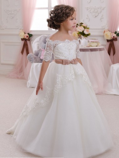 Marfil Cuello Alto Tul Encaje Largo vestidos de niña de las flores