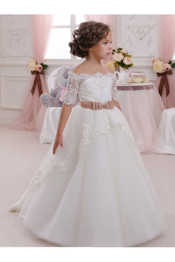 Marfil Cuello Alto Tul Encaje Largo vestidos de niña de las flores