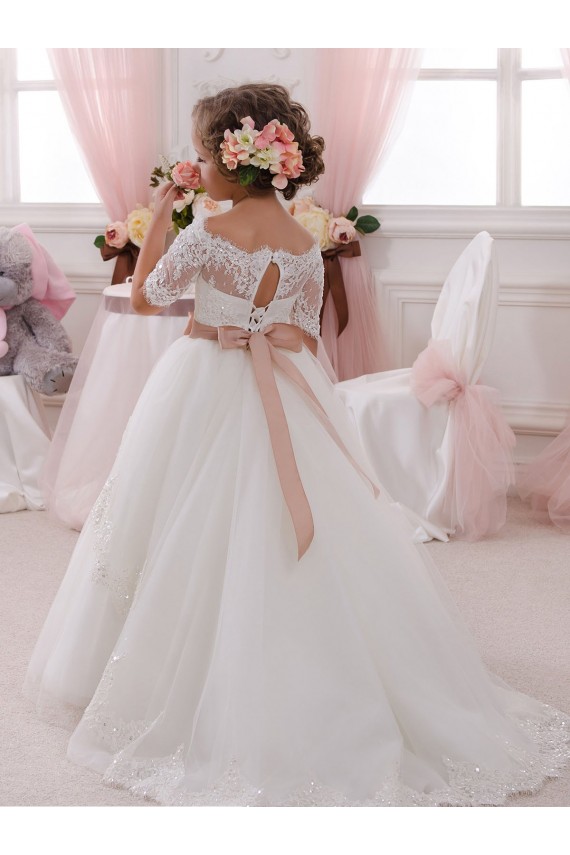 Marfil Cuello Alto Tul Encaje Largo vestidos de niña de las flores