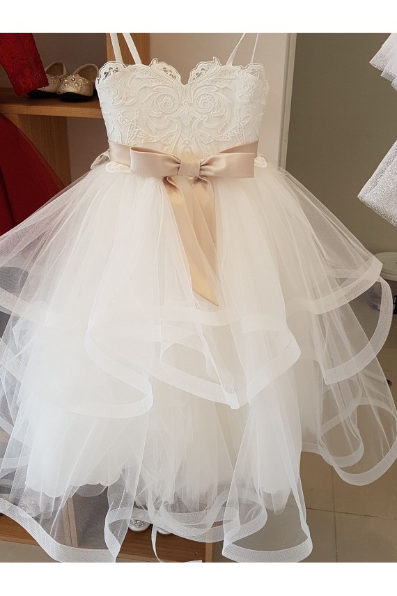 Marfil Cuello Alto Tul Encaje Largo vestidos de niña de las flores