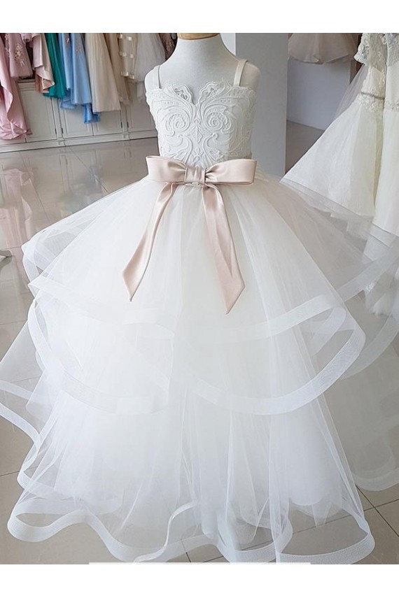 Marfil Cuello Alto Tul Encaje Largo vestidos de niña de las flores
