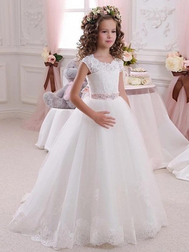 Marfil Cuello Alto Tul Encaje Largo vestidos de niña de las flores