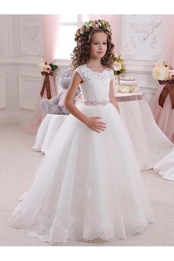 Marfil Cuello Alto Tul Encaje Largo vestidos de niña de las flores