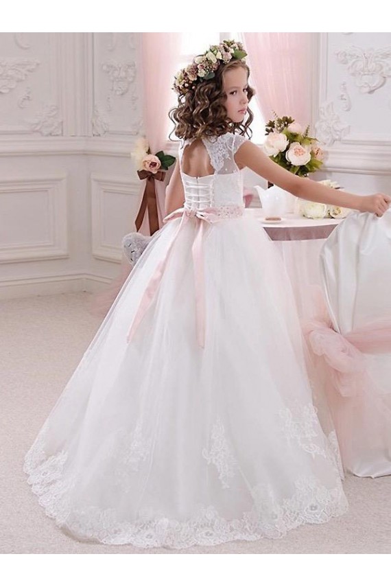 Marfil Cuello Alto Tul Encaje Largo vestidos de niña de las flores
