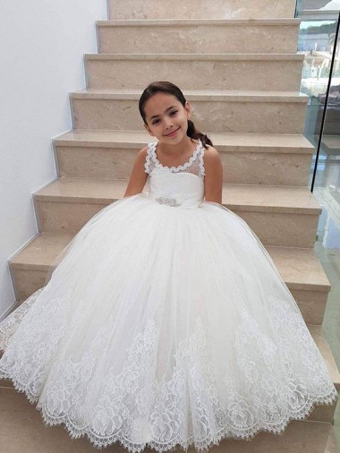 Marfil Cuello Alto Tul Encaje Largo vestidos de niña de las flores