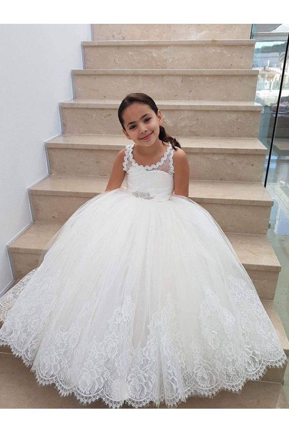 Marfil Cuello Alto Tul Encaje Largo vestidos de niña de las flores