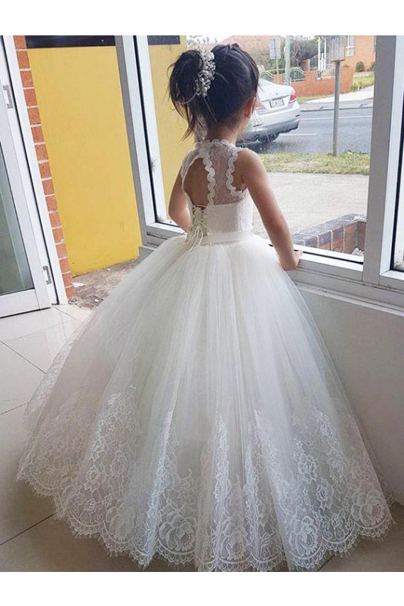 Marfil Cuello Alto Tul Encaje Largo vestidos de niña de las flores