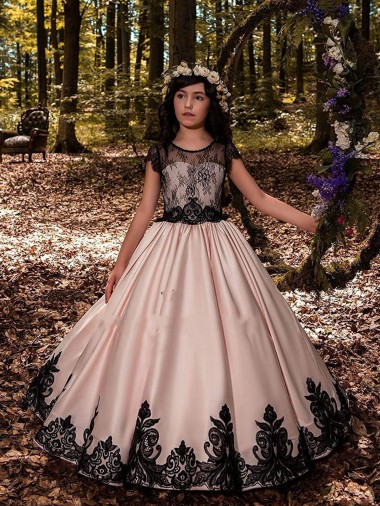 Marfil Cuello de Corazón Satén Encaje Largo vestidos de niña de las flores