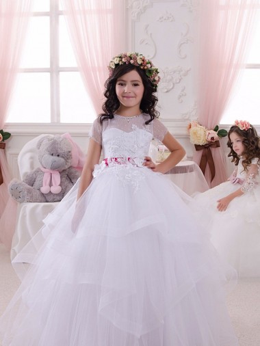 Marfil Cuello de Corazón Tul Encaje Largo vestidos de niña de las flores
