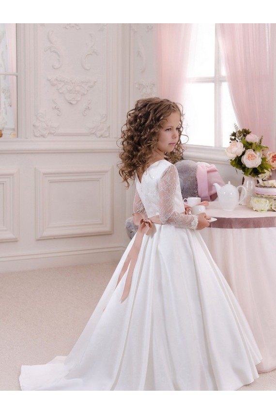 Marfil Cuello en V Cola capilla Satén Encaje Largo vestidos de niña de las flores
